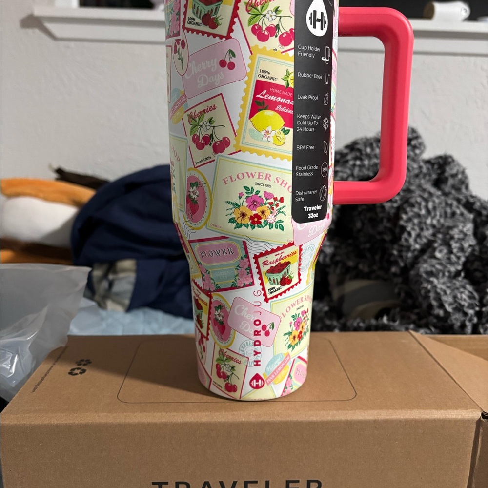 HydroJug Floral Travel Mug with Pink Handle